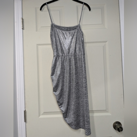 Reformation Flare Mini Dress Metallic Silver Asymmetrical Spaghetti Strap Sz Sm - Picture 7 of 13